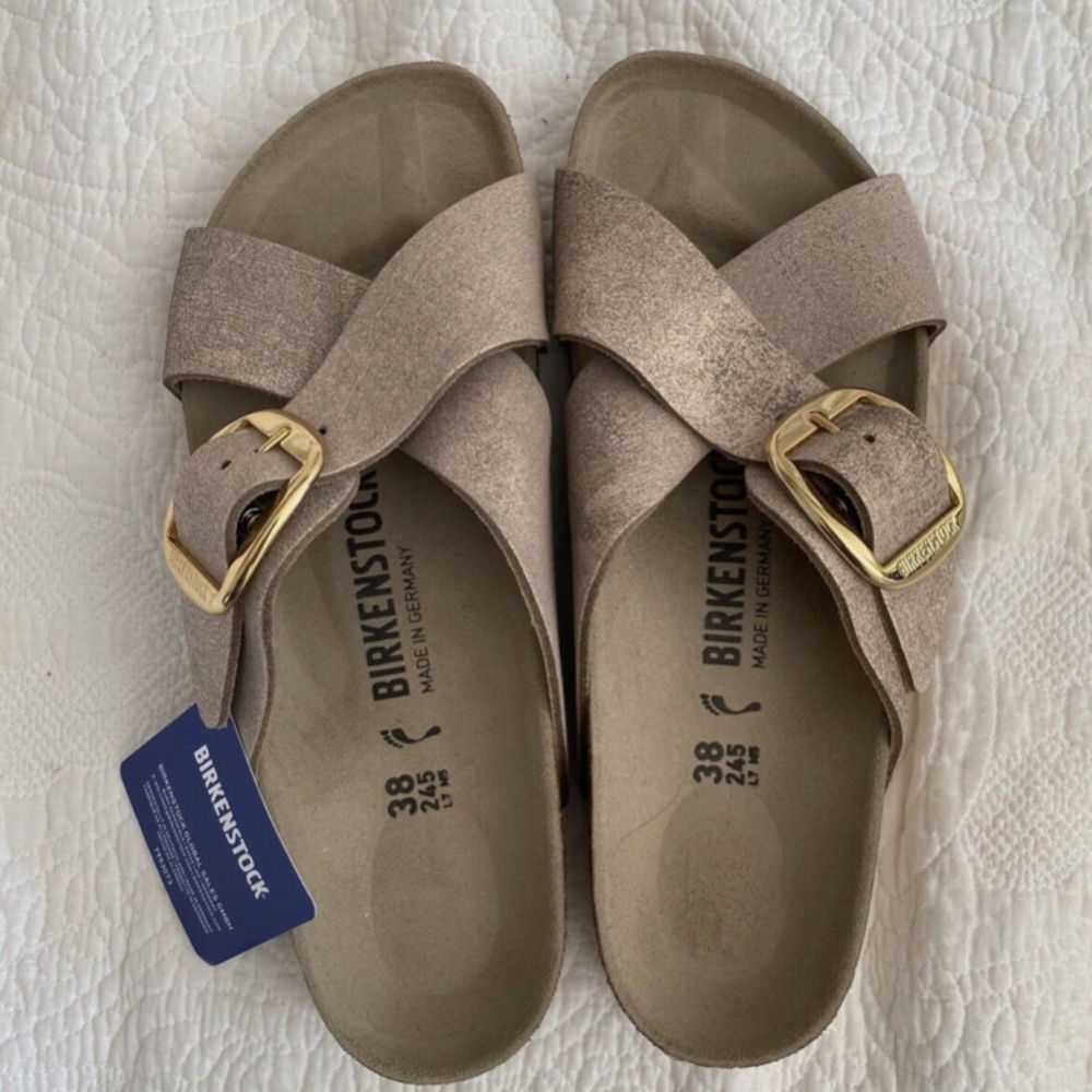 Birkenstock Siena Big Buckle Suede Washed Metallic Rose Gold Sandal 38 US 7